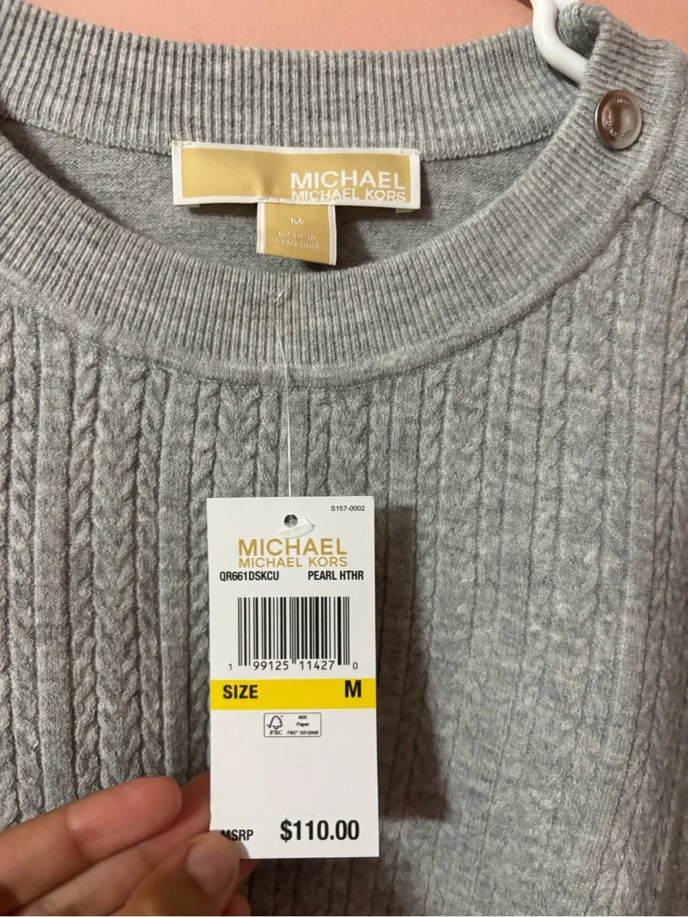 Michael Kors Heather Gray Cable Knit Crewneck Sweater with Shoulder Buttons